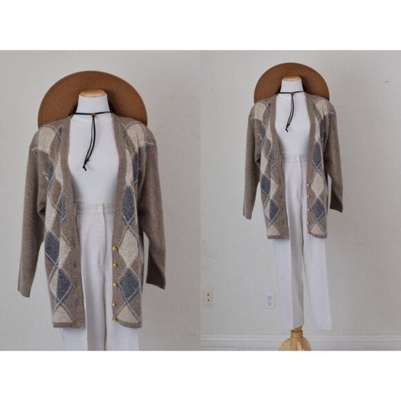 IMPERFECT Vintage 80s/90s Argyle Silk‎ Blend SEGUE Cardigan size L - Picture 1 of 10